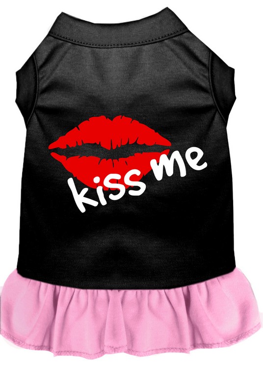 Kiss Me Screen Print Dog Dress Black with Light Pink Med